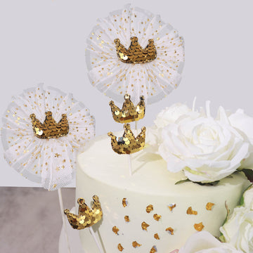 Add Glamour to Your Party with Gold Sequin Crown Cupcake Toppers
