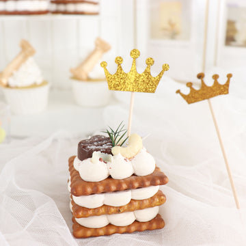 Make Every Celebration Shine with Gold Glitter Royal Crown Cupcake Toppers