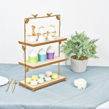 Glamorous 3-Tier Gold/Wood Slice Cheese Board Cupcake Stand Tower
