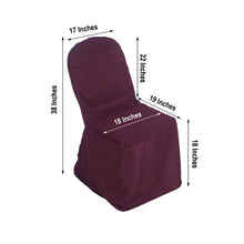 A burgundy polyester chair cover with measurements of 17 inches and 18 inches