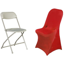 a red spandex fitted chair cover on a white folding chair