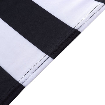 Experience Unmatched Elegance with the Black and White Striped Spandex Stretch Fitted Banquet Chair Cover