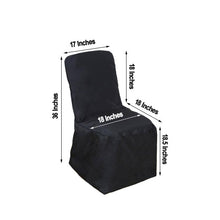 A black banquet polyester chair cover with measurements including 17 inches by 18 inches and 36 inches