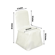 A white banquet polyester chair cover with measurements including 17 inches 18 inches and 36 inches