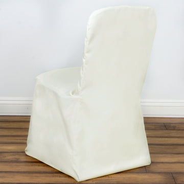 Experience Unrivaled Elegance with the Ivory Polyester Square Top Banquet Chair Cover