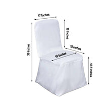 A white polyester banquet chair cover with measurements including 17 inches 18 inches and 36 inches