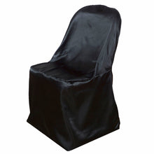 A black satin folding polyester & satin chair cover on a white background#whtbkgd