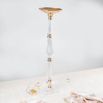 Elegant Gold and Clear Acrylic Crystal Pillar Candle Stand Table Centerpiece