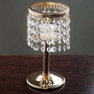 Add Glamour to Your Table with the Gold Crystal Beaded Chandelier Votive Pillar Candle Holder