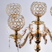 25 Inch Tall Gold Metal Candelabra Candle Holder With 5 Arm Crystal Beaded Globe