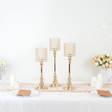 Elegant Gold Crystal Beaded Goblet Votive Candle Holder Set