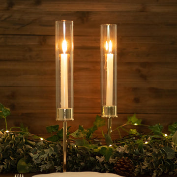 Stunning Gold Metal Clear Glass Taper Candle Holders