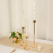 Tall Gold Metal Candle Stands With Clear Glass Chimney Shades In 3 Sizes