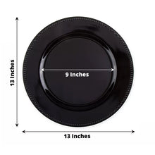Acrylic black round charger plates with measurements of 13 inches and 9 inches