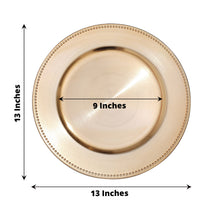 Acrylic charger plates, metallic gold round charger plates with beaded rim design, measuring 13 inches and 9 inches