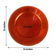 Acrylic charger plates, orange round plate with beaded rim design, measurements of 13 inches and 9 inches