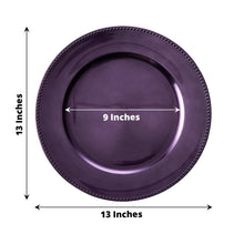 Acrylic purple charger plates with a round shape and beaded rim design, measuring 13 inches and 9 inches