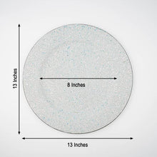 Acrylic charger plates in iridescent blue color, round shape with glittered design, measuring 13 inches and 8 inches