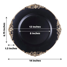 Acrylic charger plates - black round plate with gold trim, measurements of 13 inches and 8 inches