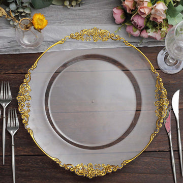 Enhance Your Table Setting with Clear Gold Embossed Baroque Charger Plates