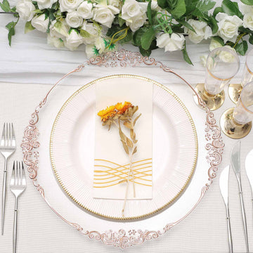Create a Stunning Table Setting with Clear Rose Gold Embossed Baroque Round Charger Plates