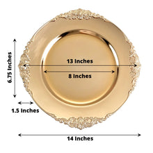 Acrylic charger plates - a gold round plate with embossed rim, measuring 13 inches in diameter and 8 inches in inner diameter