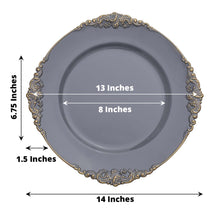 Acrylic charger plates - gray round plate with embossed rim, measuring 13 inches and 8 inches