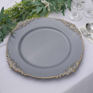 Charcoal Gray Gold Embossed Baroque Round Charger Plates With Antique Design Rim 13"