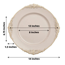 Acrylic charger plates in nude taupe gold color, round shape with embossed rim, measuring 13 inches and 8 inches