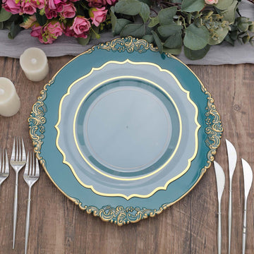 Peacock Teal Gold Embossed Baroque Round Charger Plates With Antique Design Rim 13"