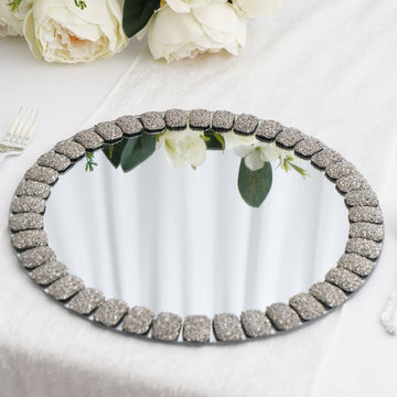 The Perfect Addition to Your Event Decor: Silver Glitter Jeweled Rim Glass Mirror Charger Plates