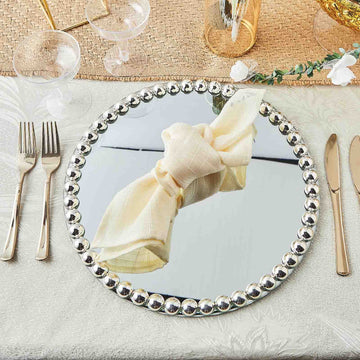 Elegant Silver Mirror Glass Charger Plates with Pearl Beaded Rim 13''