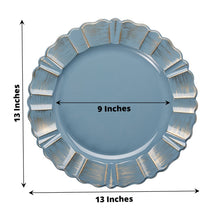 Acrylic charger plates - a plastic dusty blue round plate with measurements of 13 inches and 9 inches, featuring a waved scalloped rim