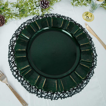 Hunter Emerald Green Acrylic Plastic Charger Plates with Gold Brushed Wavy Scalloped Rim - Add Elegance to Your Table