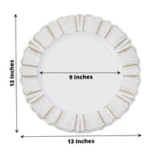 Acrylic charger plates - white plastic round charger plates with a waved scalloped rim, measuring 13 inches in diameter and 9 inches in inner diameter