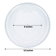 Acrylic charger plates in clear / silver glitter color, round shape with beaded accent rim, measuring 8 inches and 12 inches