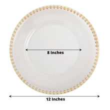 Acrylic charger plates - a white plate with gold beads around the edge is 8 inches in diameter