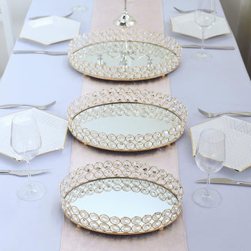 Add a Touch of Opulence with the Gold Metal Crystal Beaded Mirror Tray