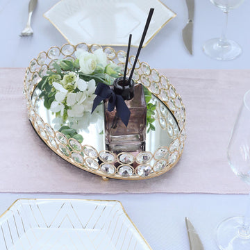 Elegant Gold Metal Crystal Beaded Mirror Tray for a Touch of Glamour