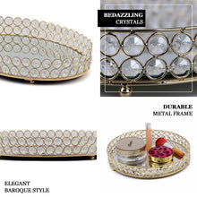 Gold Small Oval Crystal Beaded Mirror Metal Decorative Vanity Tray 12 Inch x 8 Inch 