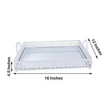 16 Inch x 12 Inch Decorative Rectangle White Metal Fleur De Lis Mirror Vanity Serving Tray with Handles