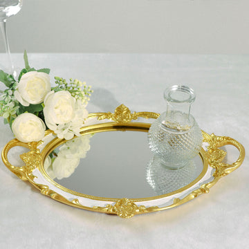 Enhance Your Vanity Display with the Metallic Gold/White Oval Resin Decorative Vanity Serving Tray