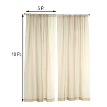 A pair of sheer organza white drape curtains with measurements of 5 ft and 10 ft