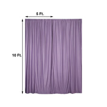 A solid Violet Amethyst Scuba Polyester Backdrop Curtain with measurements on a white background