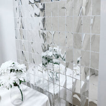 A silver metallic foil rectangle shaped design foil curtain with crystal tassels and vinyl backdrops