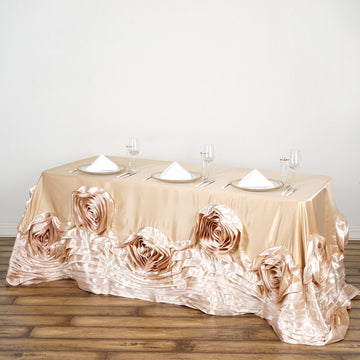 Champagne Seamless Large Rosette Rectangular Lamour Satin Tablecloth 90"x132"