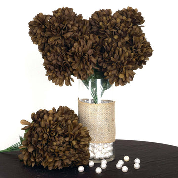 4 Bushes Chocolate Artificial Silk Chrysanthemums 56 Faux Flowers