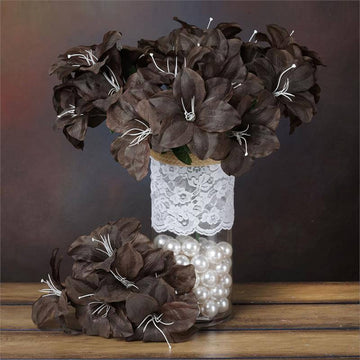 10 Bushes Chocolate Brown Artificial Silk Tiger Lily Flowers, Faux Bouquets