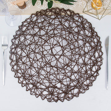 6 Pack Dark Brown Woven Fiber Placemats, Round Table Mats 15"
