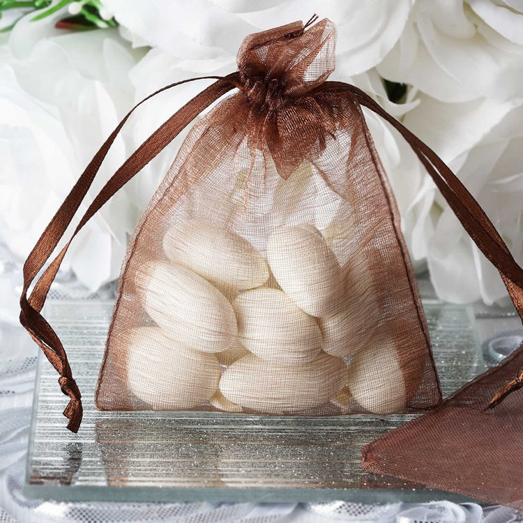 10 Pack | 3x4inch Chocolate Organza Drawstring Wedding Party Favor Gift Bags